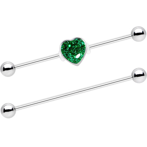 14G Green Glitter Heart Industrial Barbell 38mm Set of 2