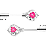 1/2 Pink Faux Opal Heart Key Barbell Nipple Ring Set
