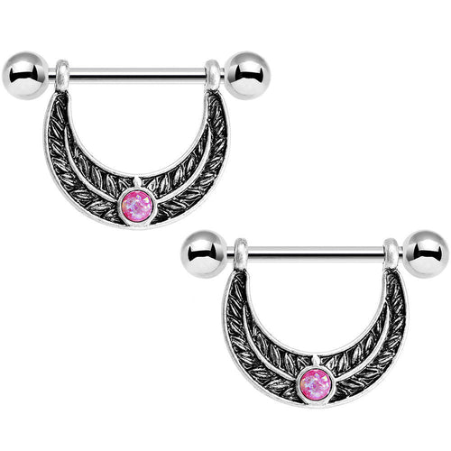 14G 5/8 Pink Faux Opal Fern Foliage Dangle Nipple Ring Set