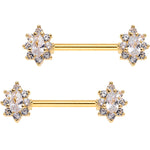 Clear CZ Gem Gold Plated Teardrop Star Barbell Nipple Ring Set