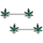 Green Marijuana Leaf Puff Puff Pass Barbell Nipple Ring Set