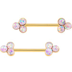 White Faux Opal Gold Tone Plated Triple Circle Barbell Nipple Ring Set