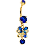 Blue CZ Gem Gold Tone Anodized Butterfly Bow Dangle Belly Ring