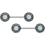 14G 5/8 White Synthetic Opal Lotus Flower Nipple Barbell Set