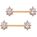 Clear CZ Gem Rose Gold Plated Teardrop Star Barbell Nipple Ring Set