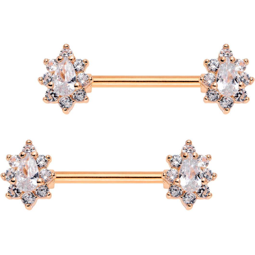 Clear CZ Gem Rose Gold Plated Teardrop Star Barbell Nipple Ring Set