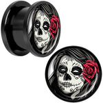 Katrina Sugar Skull with Rose Flower Black Anodized Screw Fit Plug Set 9/16