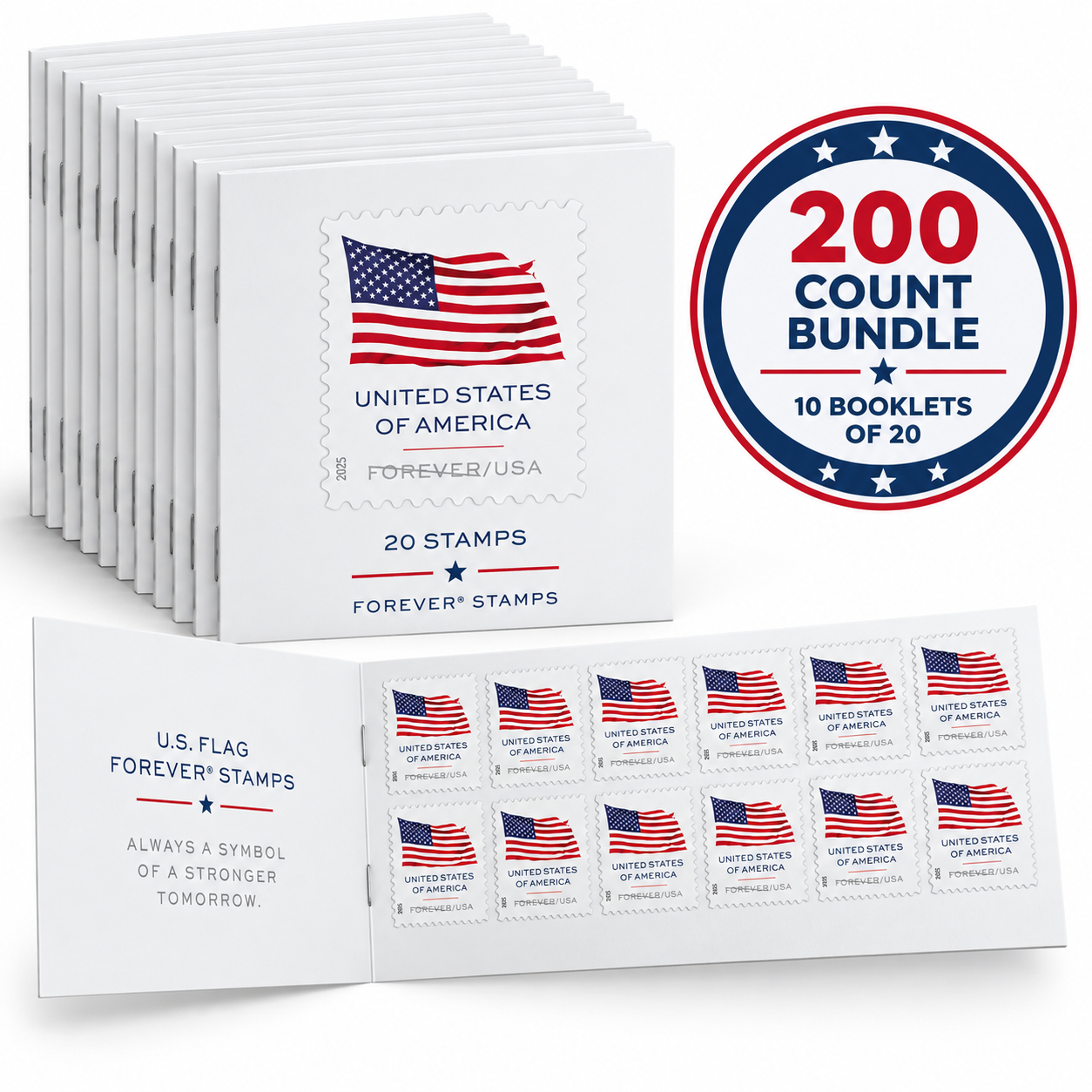 200-count U.S. Flag Forever stamps bundle with 10 booklets of 20 stamps