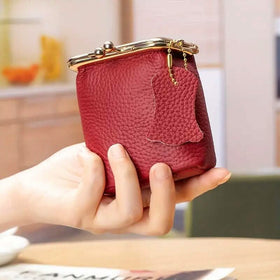 Vintage Genuine Leather Mini Handbag Organizer with Secure Kiss Lock