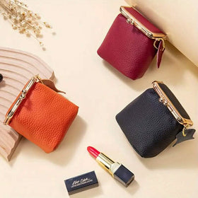Vintage Genuine Leather Mini Handbag Organizer with Secure Kiss Lock