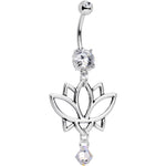 Clear Gem Lotus Flower Dangle Belly Ring Created with Crystals