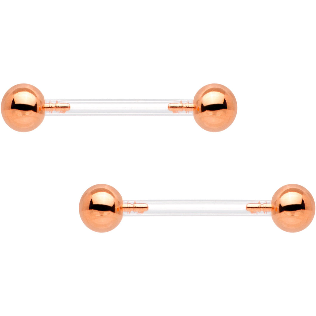 Clear Bioplast Barbell Rose Gold Tone Push In Ball Nipple Ring Set