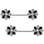 9/16 Clear Gem Pinwheel Flower Barbell Nipple Ring Set