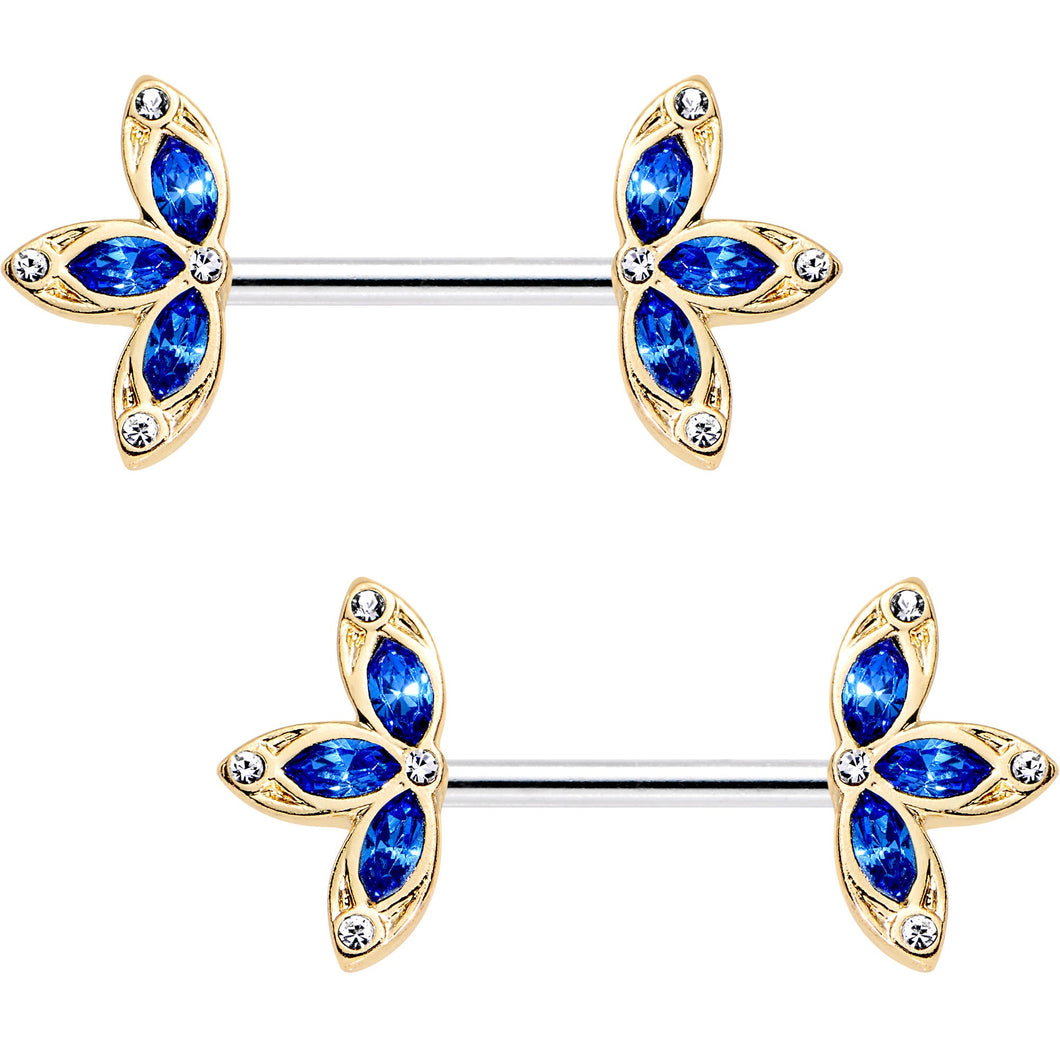 14G 9/16 Clear Blue Gem Fleur de Seins Barbell Nipple Ring Set