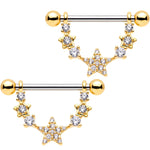 9/16 Clear CZ Gem Gold Tone Star Dangle Barbell Nipple Ring Set