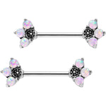 9/16 White Faux Opal Three Petal Flower Barbell Nipple Ring Set