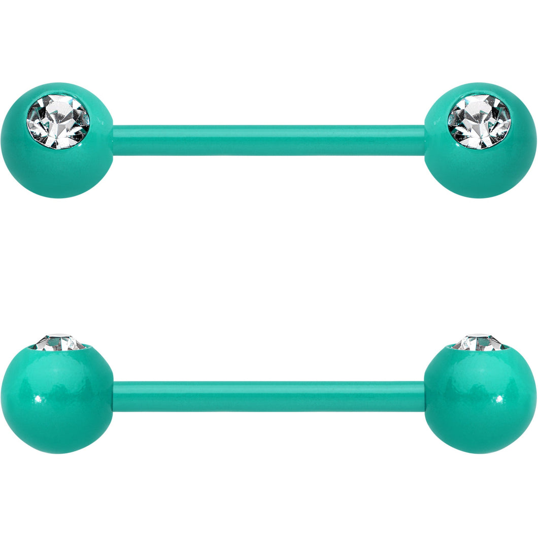 14G 5/8 Clear Gem Green Acrylic Over Steel Nipple Barbell Set