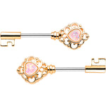 1/2 Pink Faux Opal Gold Tone Heart Key Barbell Nipple Ring Set