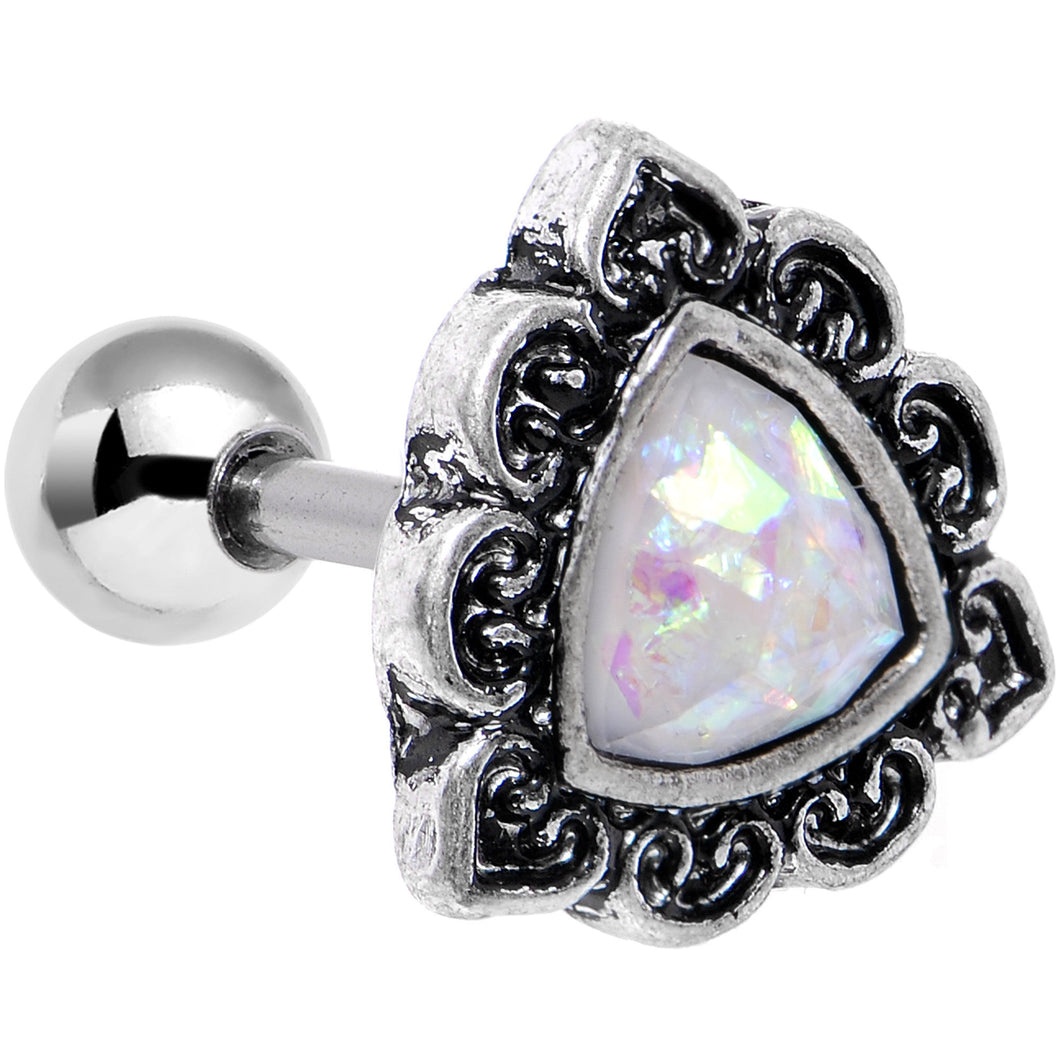 16G Iridescent White Faux Opal Ornate Tragus Cartilage Earring