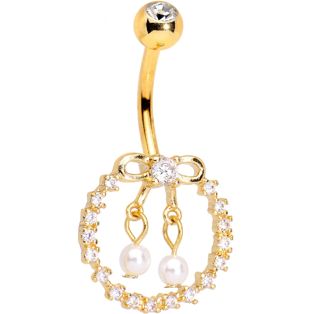 Clear Gem Gold PVD Halo Bow Dangle Belly Ring